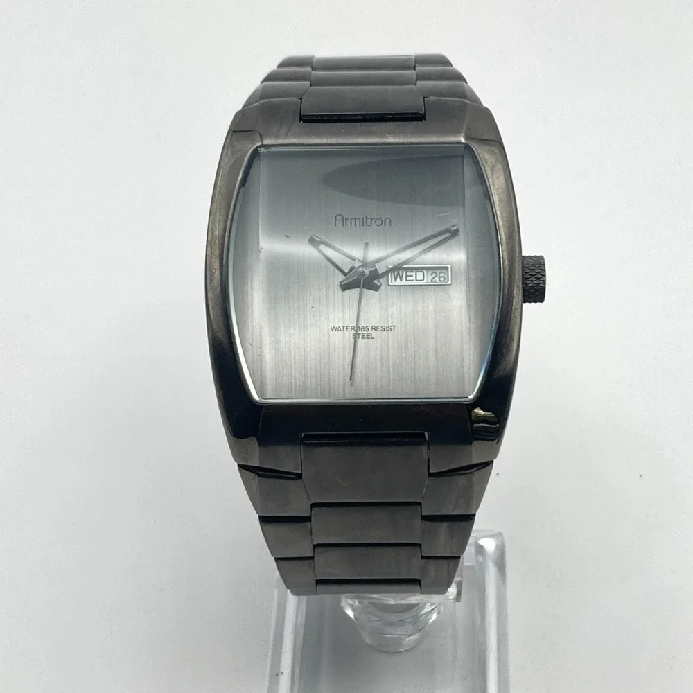 Armitron Mens Watch 39mm Gunmetal Grey Day Date Minimal 50M New Battery 7.75